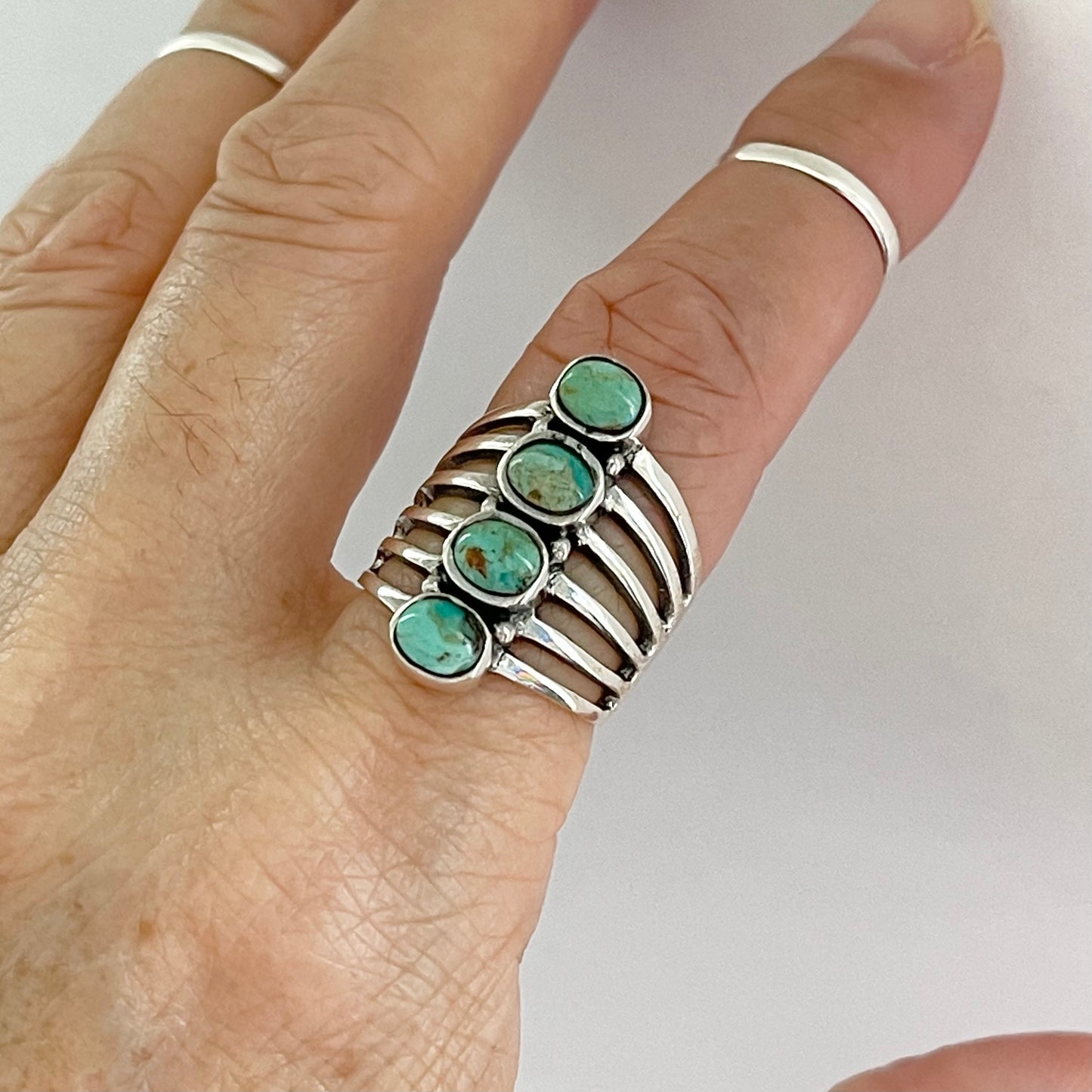 Sterling Silver Statement 4 Stone Genuine Turquoise Ring, Boho Ring, Silver Rings