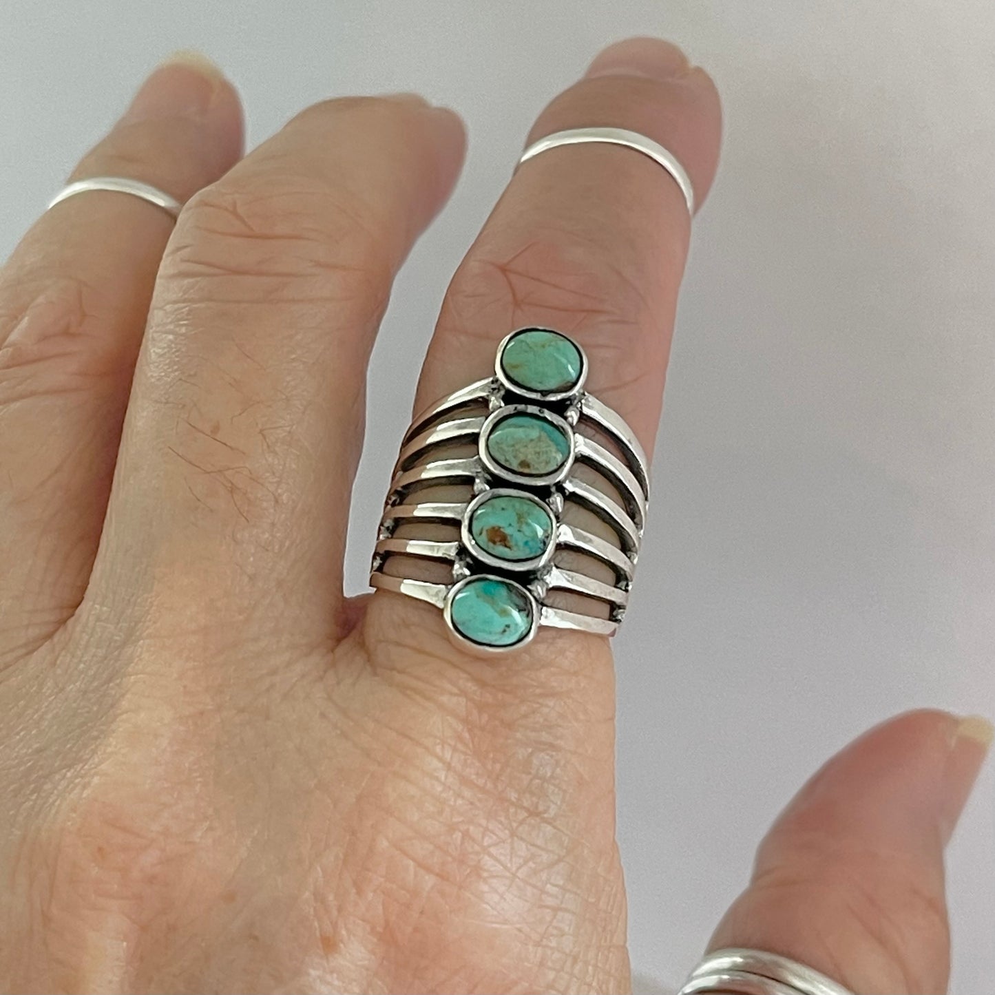 Sterling Silver Statement 4 Stone Genuine Turquoise Ring, Boho Ring, Silver Rings