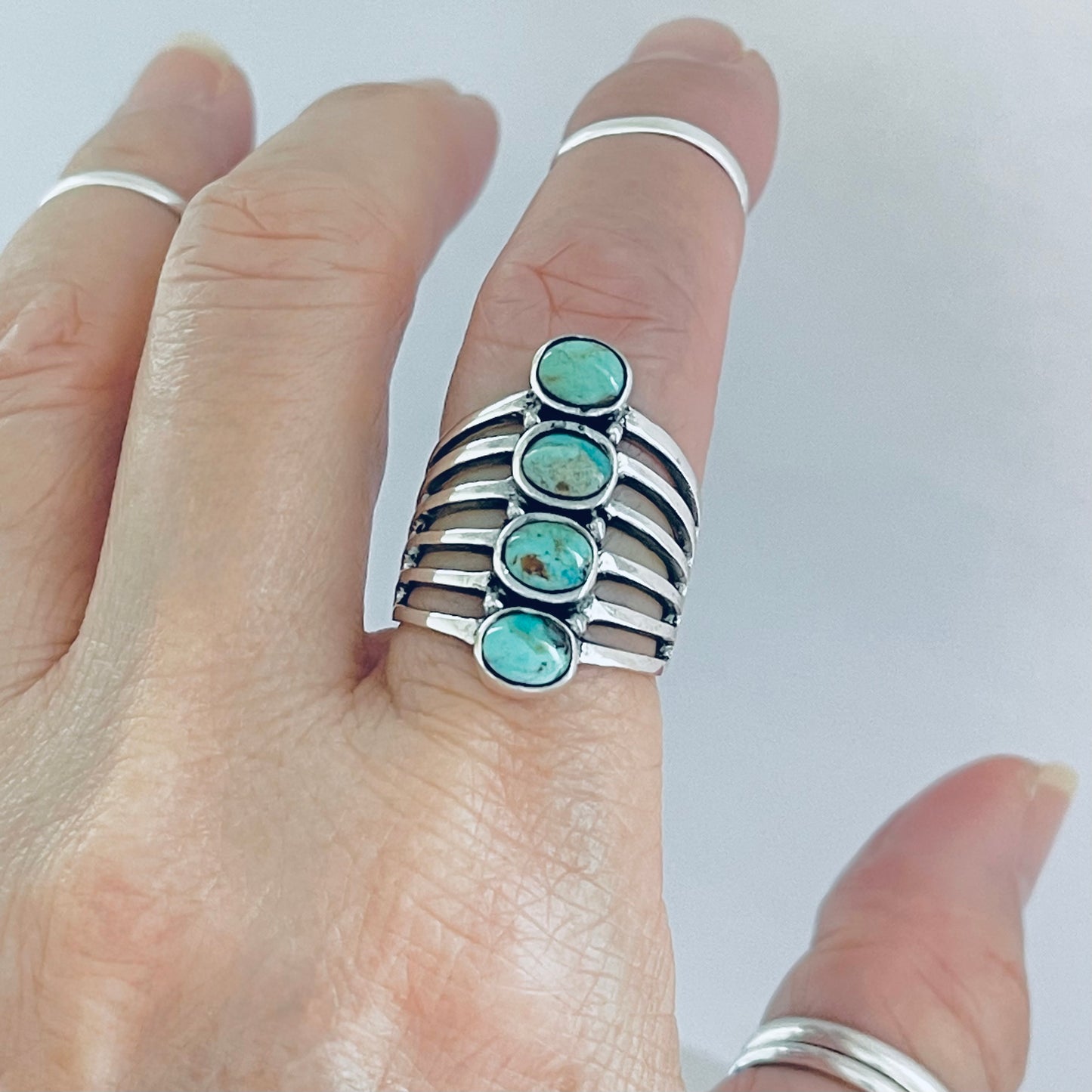Sterling Silver 4 Stone Genuine Turquoise Ring, Boho Statement Jewelry