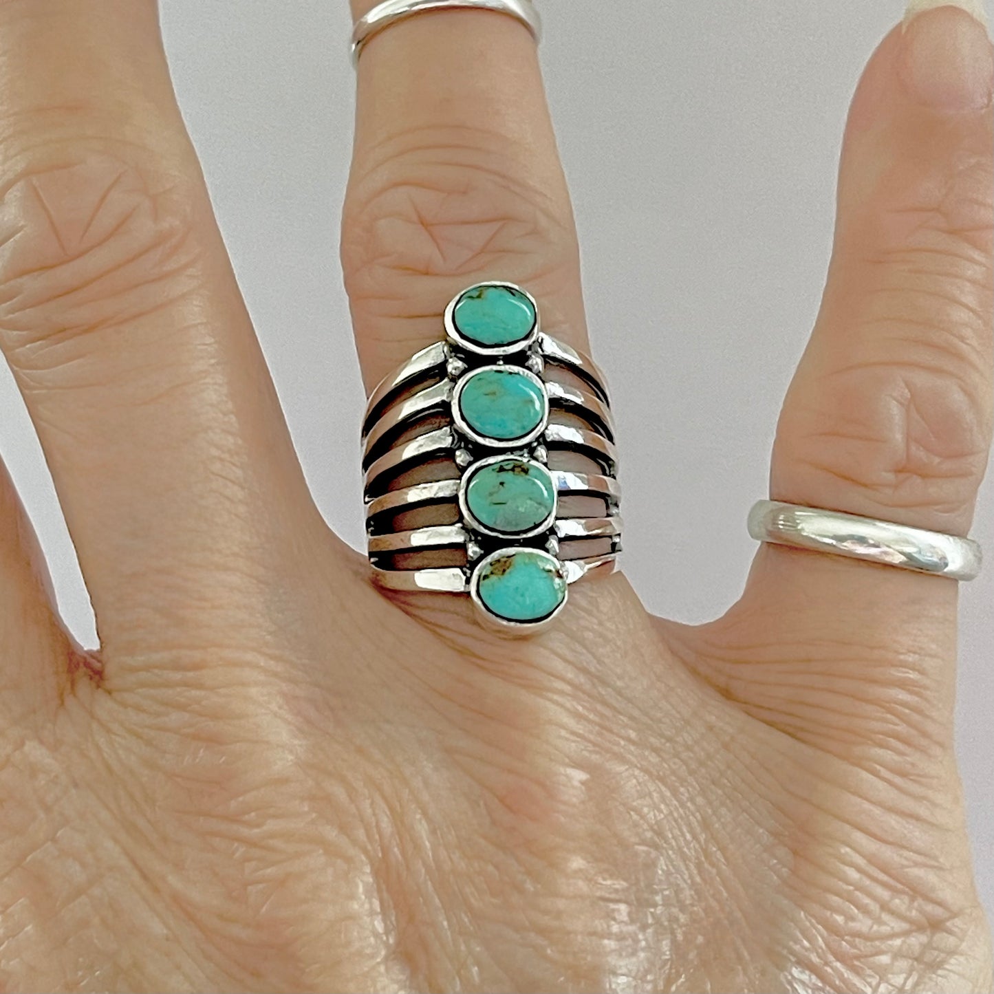Sterling Silver 4 Stone Genuine Turquoise Ring, Boho Statement Jewelry