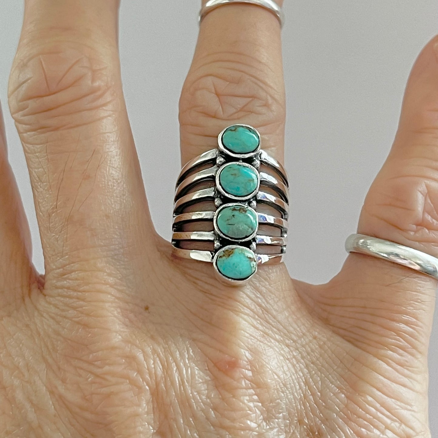 Sterling Silver Statement 4 Stone Genuine Turquoise Ring, Boho Ring, Silver Rings