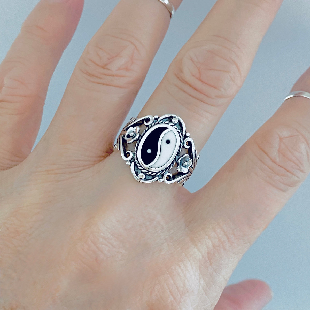 925 Sterling Silver Vintage Statement Yin Yang Ring with Flowers | Yoga Balance of Life Silver Rings