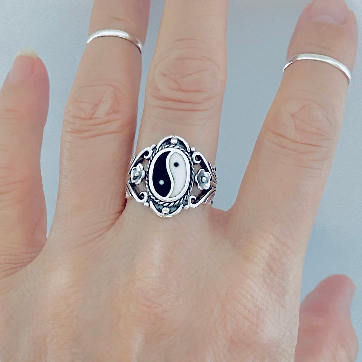 925 Sterling Silver Vintage Statement Yin Yang Ring with Flowers | Yoga Balance of Life Silver Rings