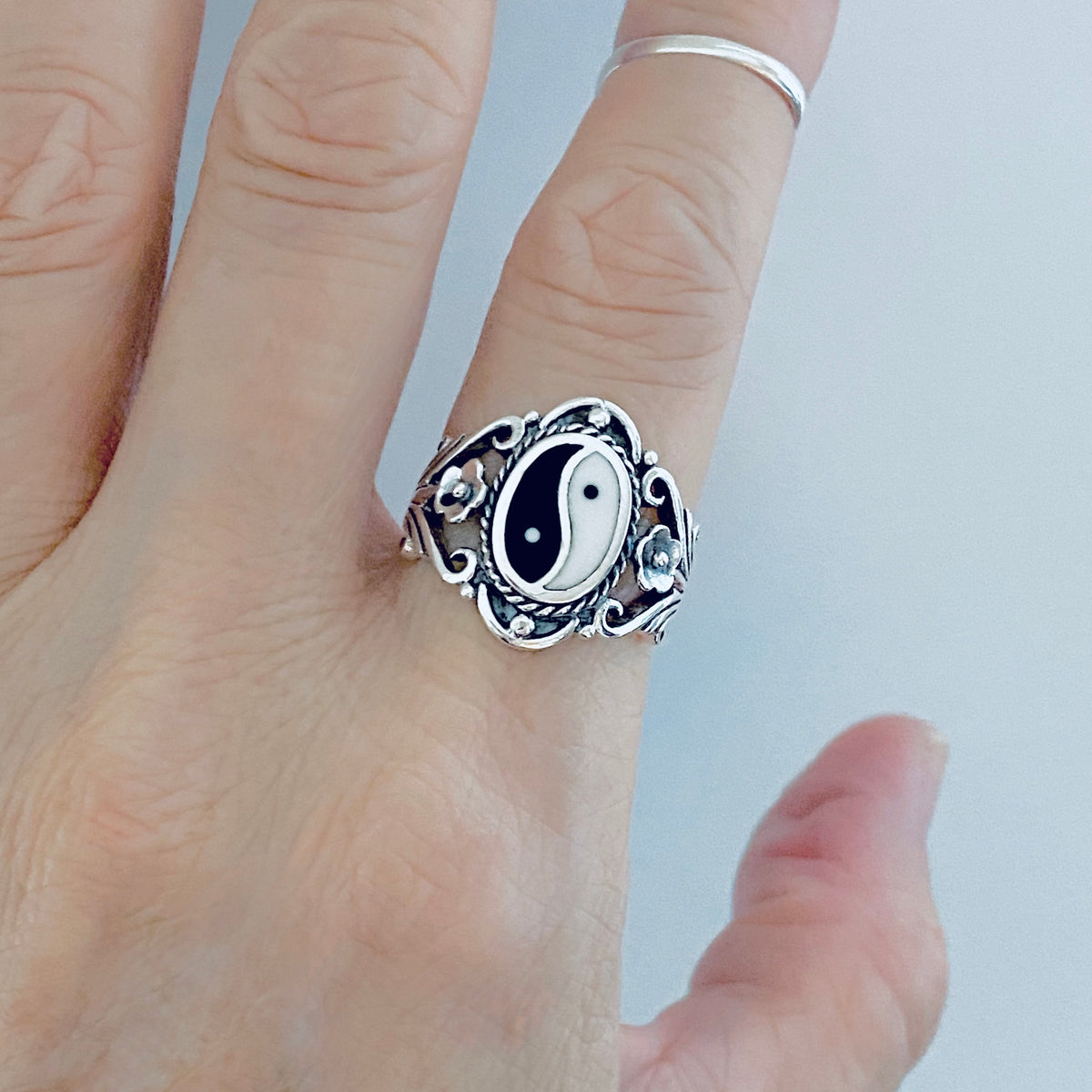 925 Sterling Silver Vintage Statement Yin Yang Ring with Flowers | Yoga Balance of Life Silver Rings