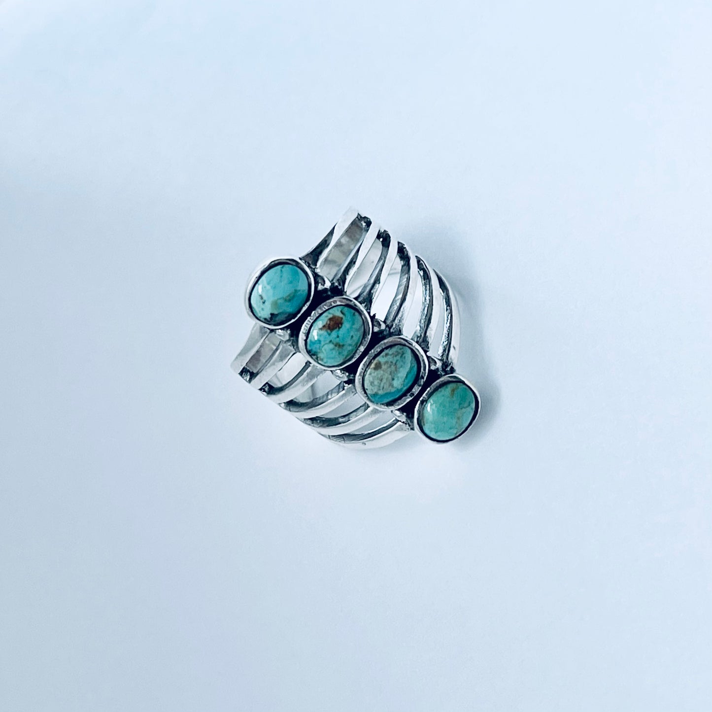 Sterling Silver 4 Stone Genuine Turquoise Ring, Boho Statement Jewelry