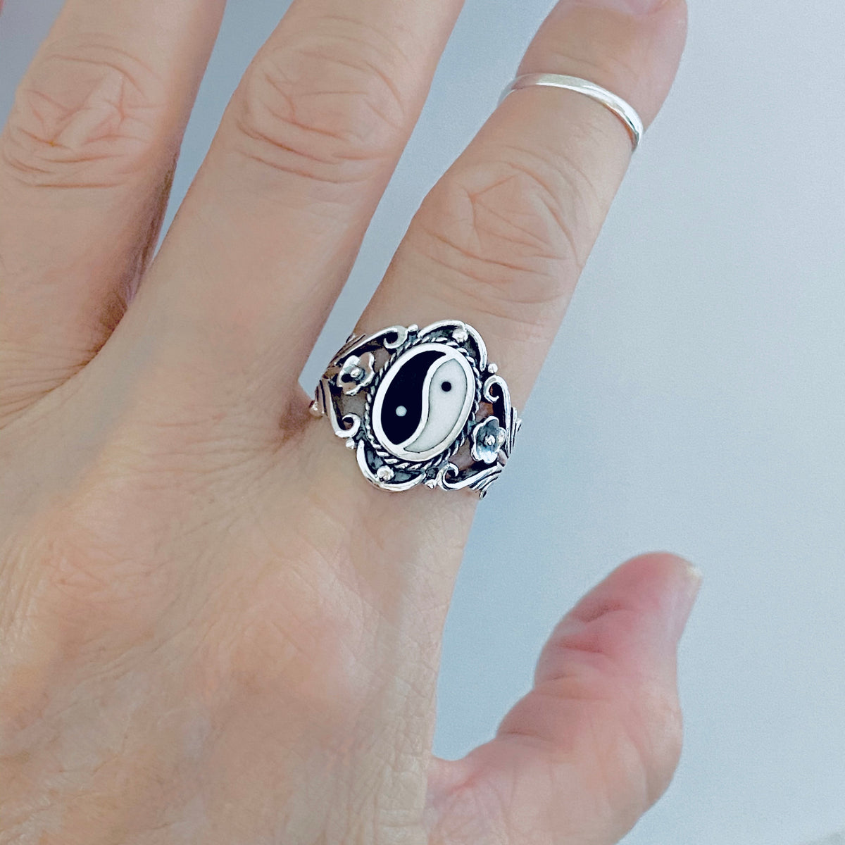 925 Sterling Silver Vintage Statement Yin Yang Ring with Flowers | Yoga Balance of Life Silver Rings