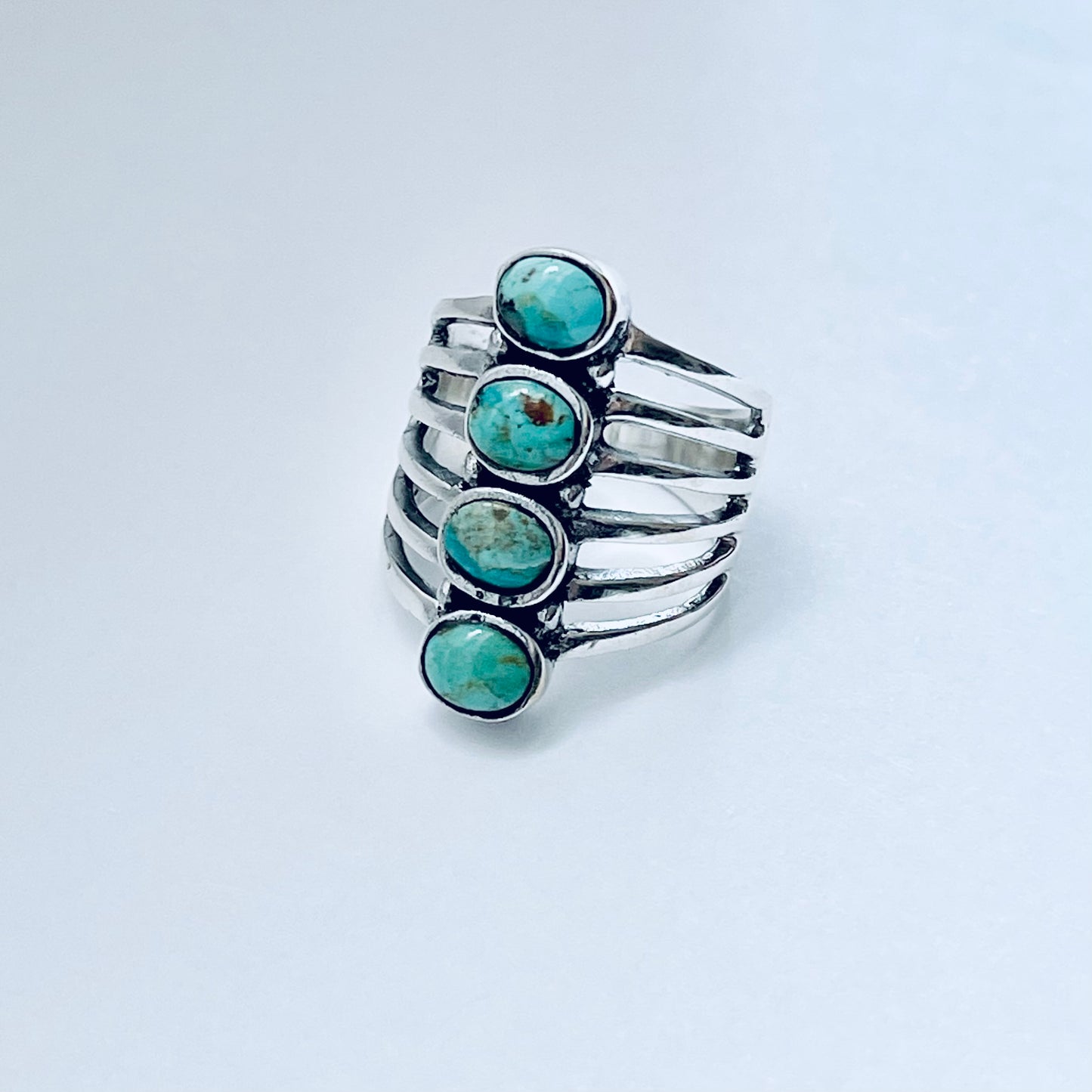 Sterling Silver 4 Stone Genuine Turquoise Ring, Boho Statement Jewelry