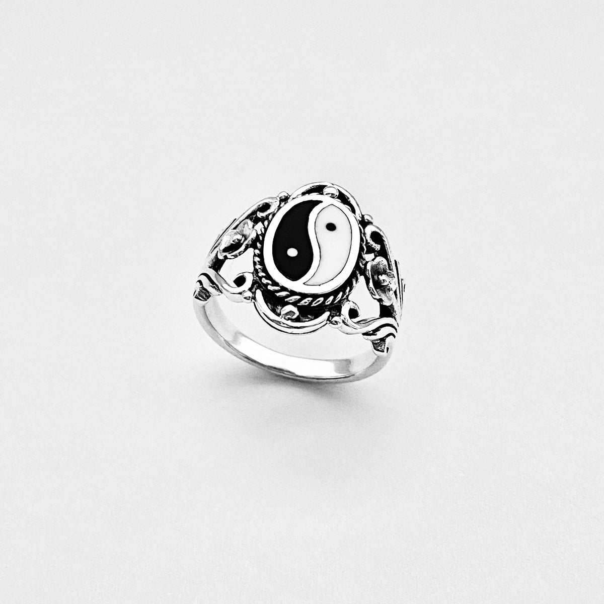 925 Sterling Silver Vintage Statement Yin Yang Ring with Flowers | Yoga Balance of Life Silver Rings