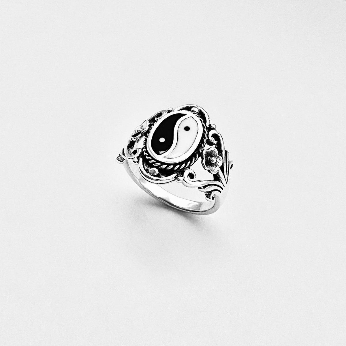 925 Sterling Silver Vintage Statement Yin Yang Ring with Flowers | Yoga Balance of Life Silver Rings
