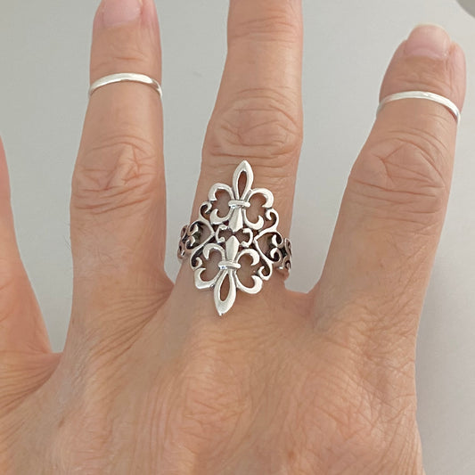 Sterling Silver Statement Double Fleur De Lis Ring, Saints Ring, Lily Rings