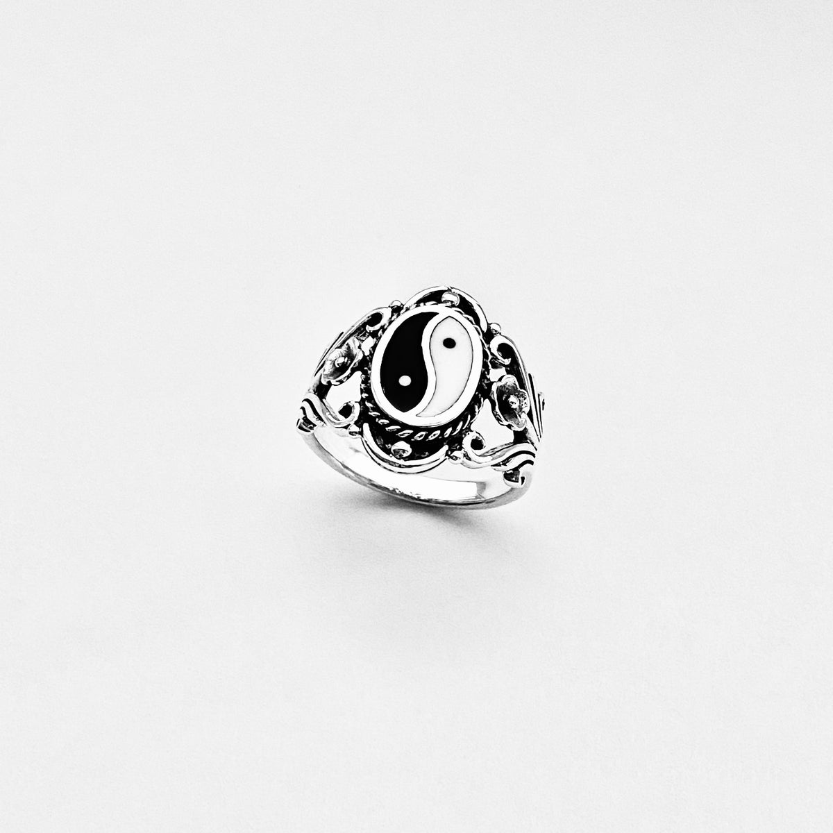 925 Sterling Silver Vintage Statement Yin Yang Ring with Flowers | Yoga Balance of Life Silver Rings