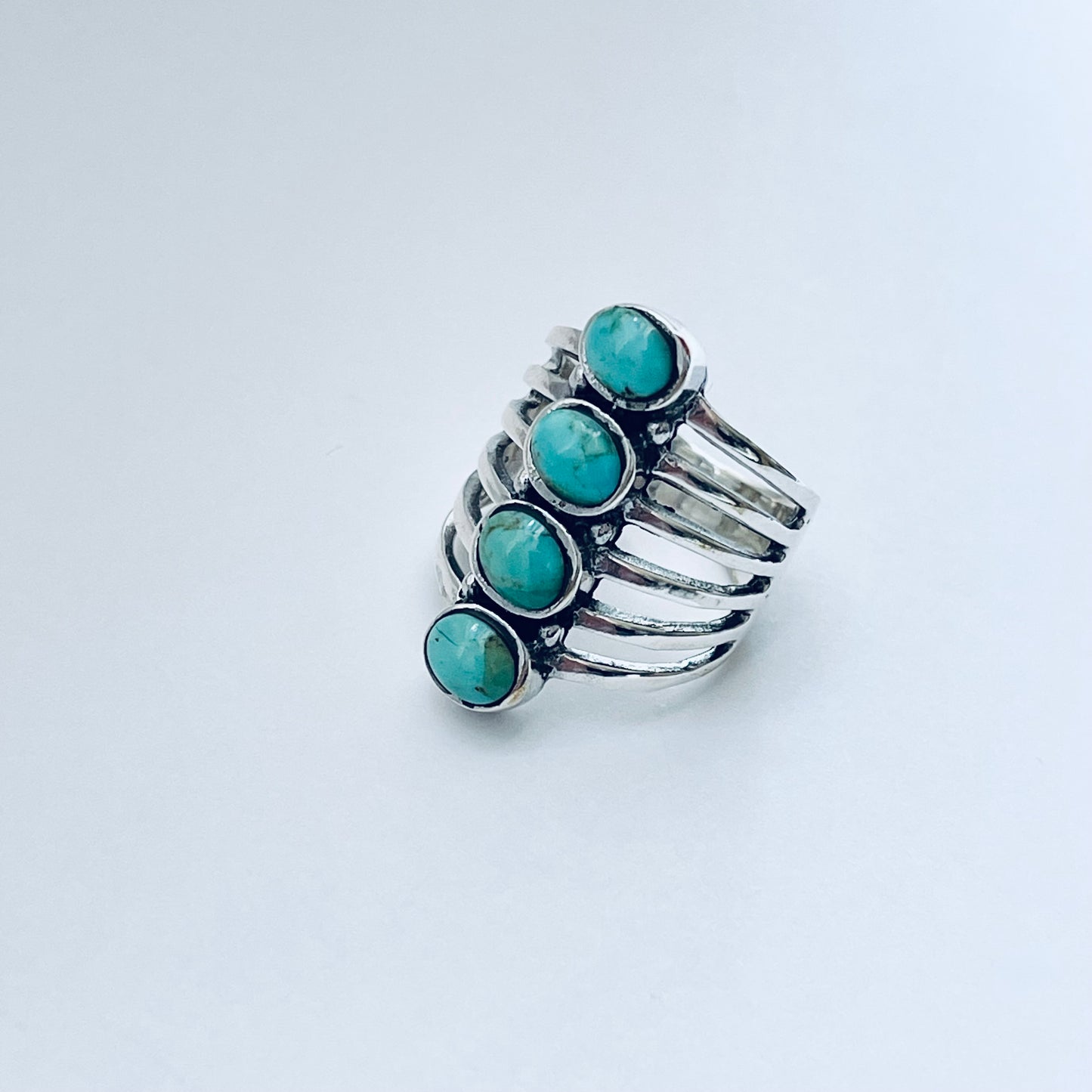 Sterling Silver 4 Stone Genuine Turquoise Ring, Boho Statement Jewelry