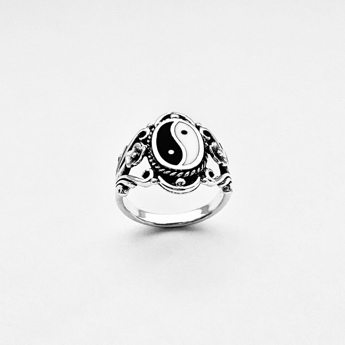 925 Sterling Silver Vintage Statement Yin Yang Ring with Flowers | Yoga Balance of Life Silver Rings
