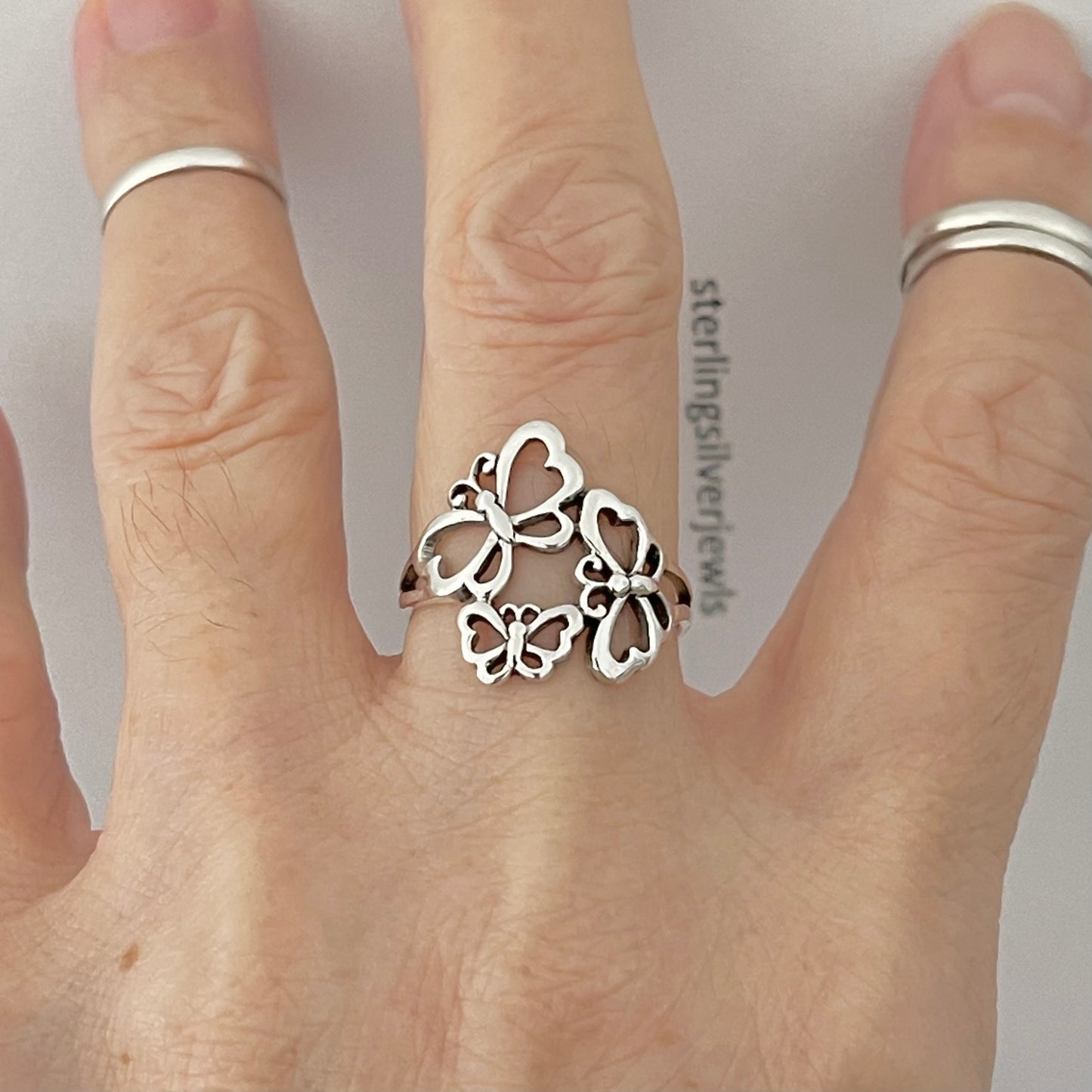 Sterling Silver Triple Butterfly Ring, Caterpillar Silver Rings, Bug Ring