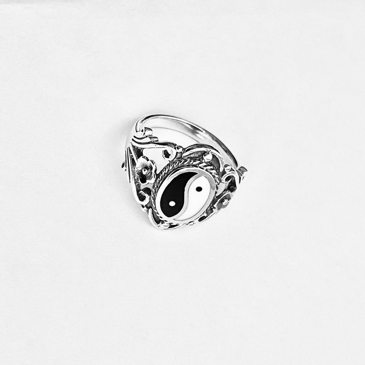 925 Sterling Silver Vintage Statement Yin Yang Ring with Flowers | Yoga Balance of Life Silver Rings