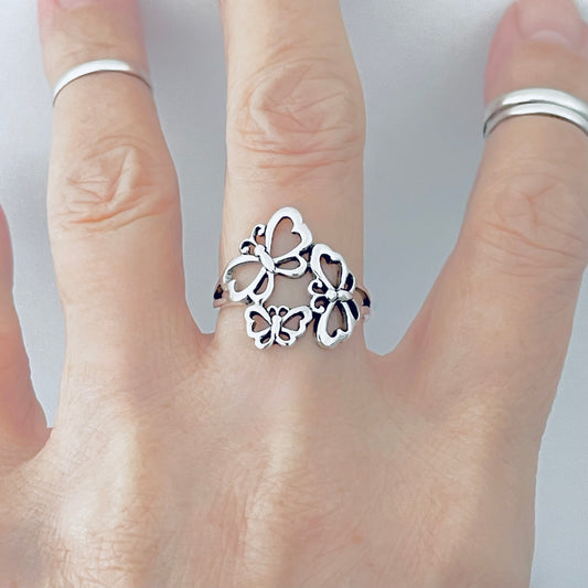 Sterling Silver Triple Butterfly Ring – Bold Nature Spirit Statement Silver Rings