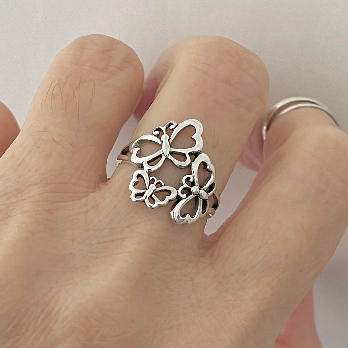 Sterling Silver Triple Butterfly Ring, Caterpillar Silver Rings, Bug Ring