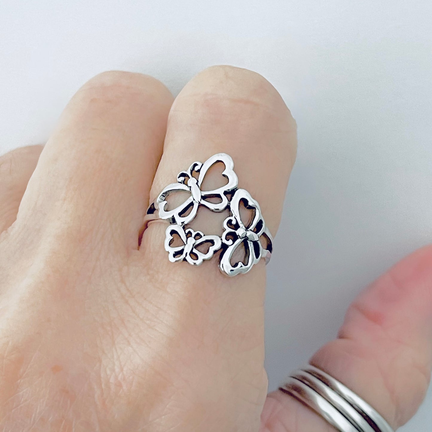 Sterling Silver Triple Butterfly Ring – Bold Nature Spirit Statement Silver Rings