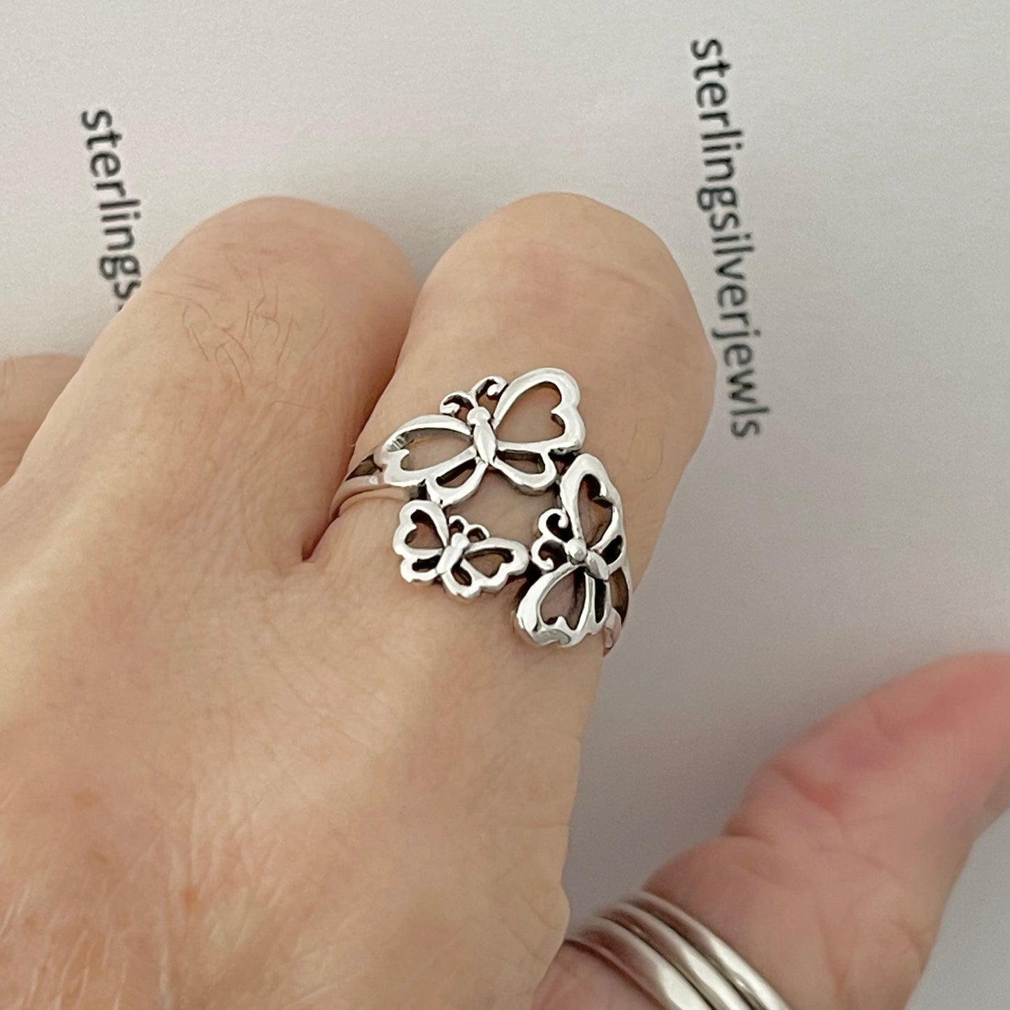 Sterling Silver Triple Butterfly Ring, Caterpillar Silver Rings, Bug Ring