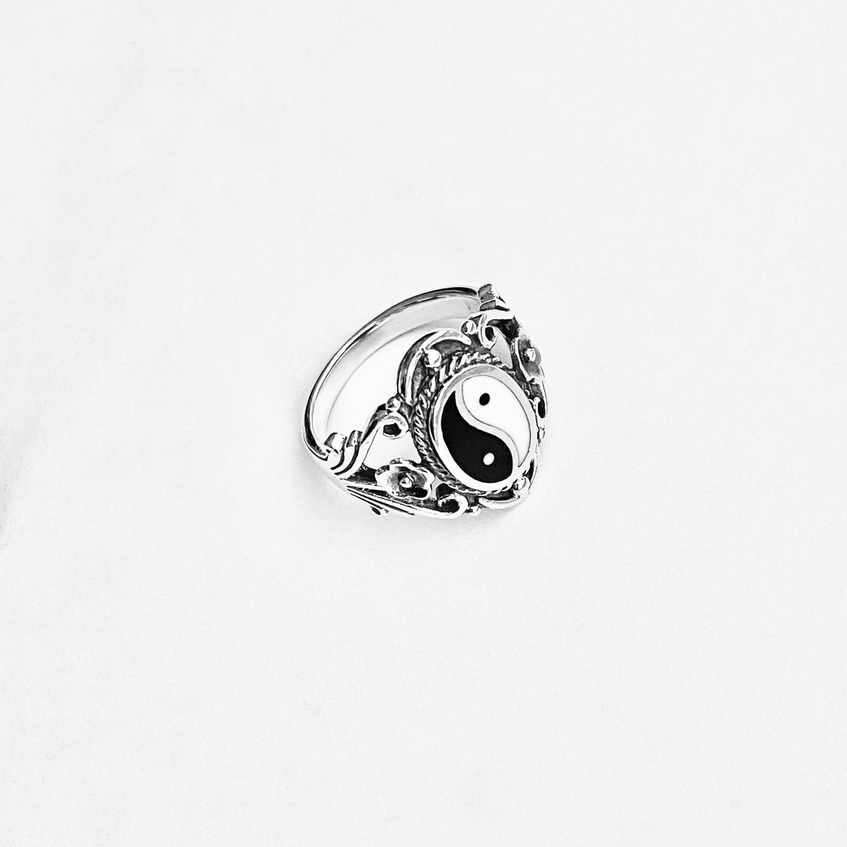 925 Sterling Silver Vintage Statement Yin Yang Ring with Flowers | Yoga Balance of Life Silver Rings