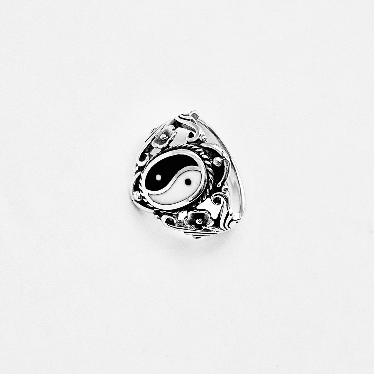 925 Sterling Silver Vintage Statement Yin Yang Ring with Flowers | Yoga Balance of Life Silver Rings