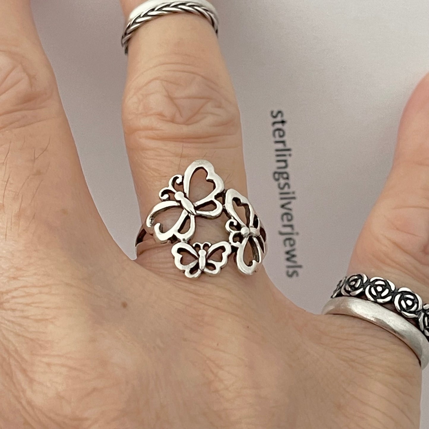 Sterling Silver Triple Butterfly Ring, Caterpillar Silver Rings, Bug Ring