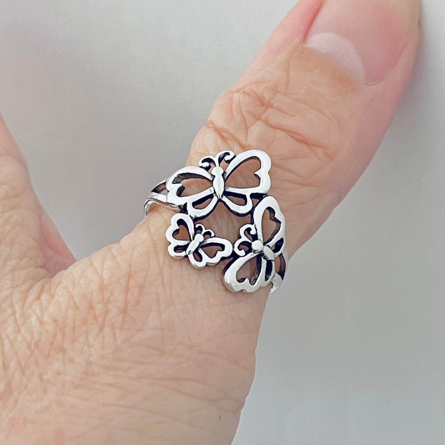 Sterling Silver Triple Butterfly Ring, Caterpillar Silver Rings, Bug Ring