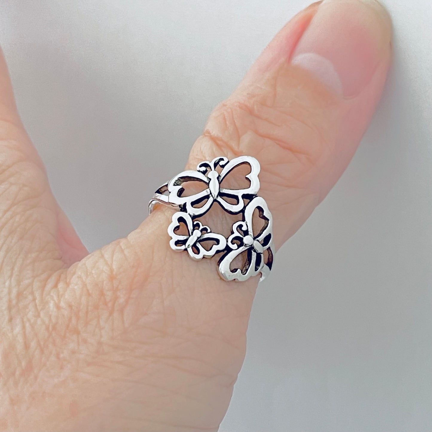 Sterling Silver Triple Butterfly Ring – Bold Nature Spirit Statement Silver Rings