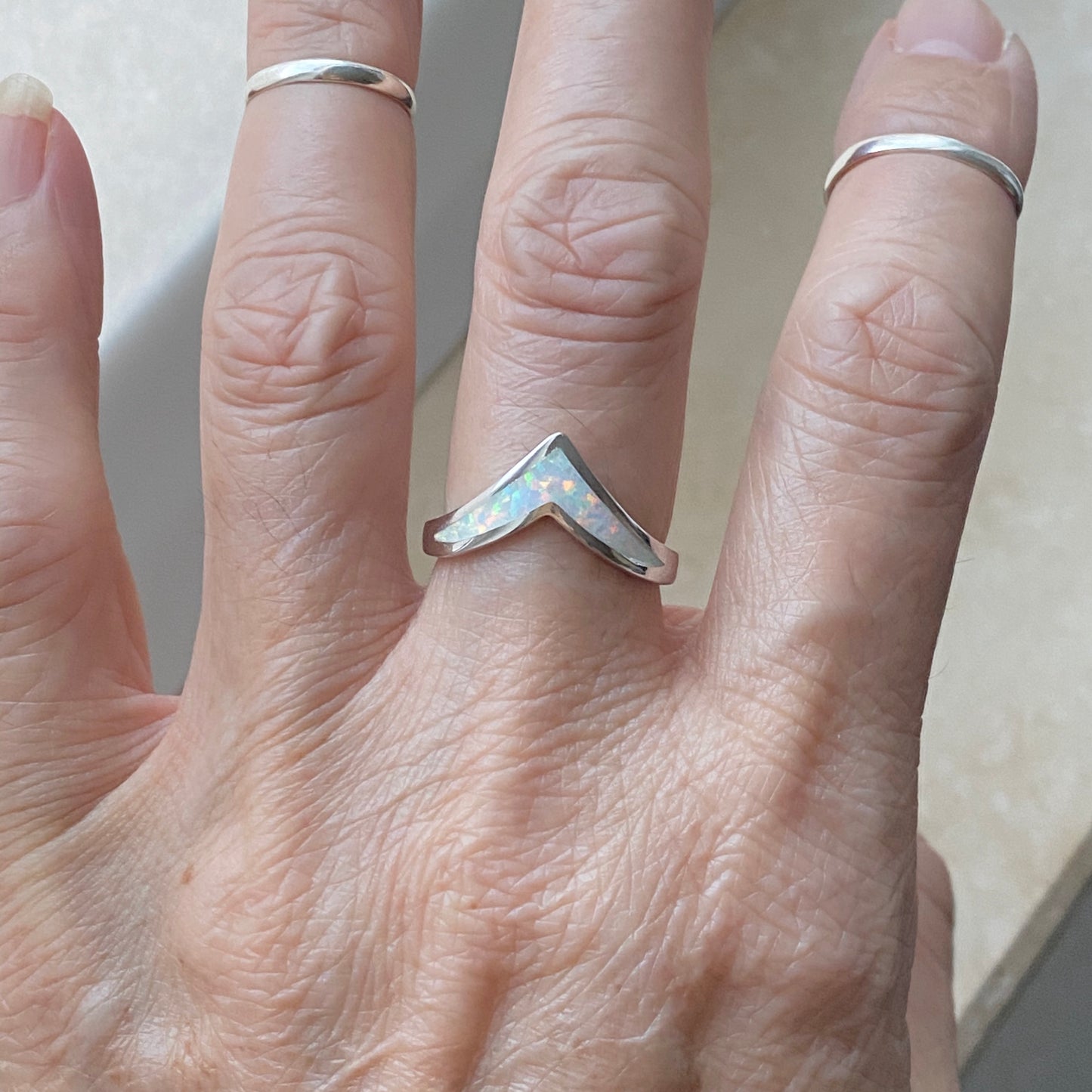 Sterling Silver V Shape White Lab Opal Ring, Silver Chevron Rings