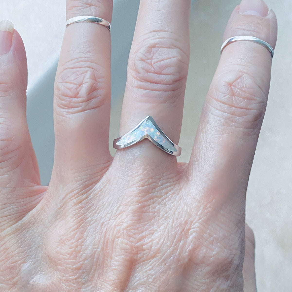 925 Sterling Silver V Shape White Lab Opal Ring | Chevron October Birthstone Silver Rings