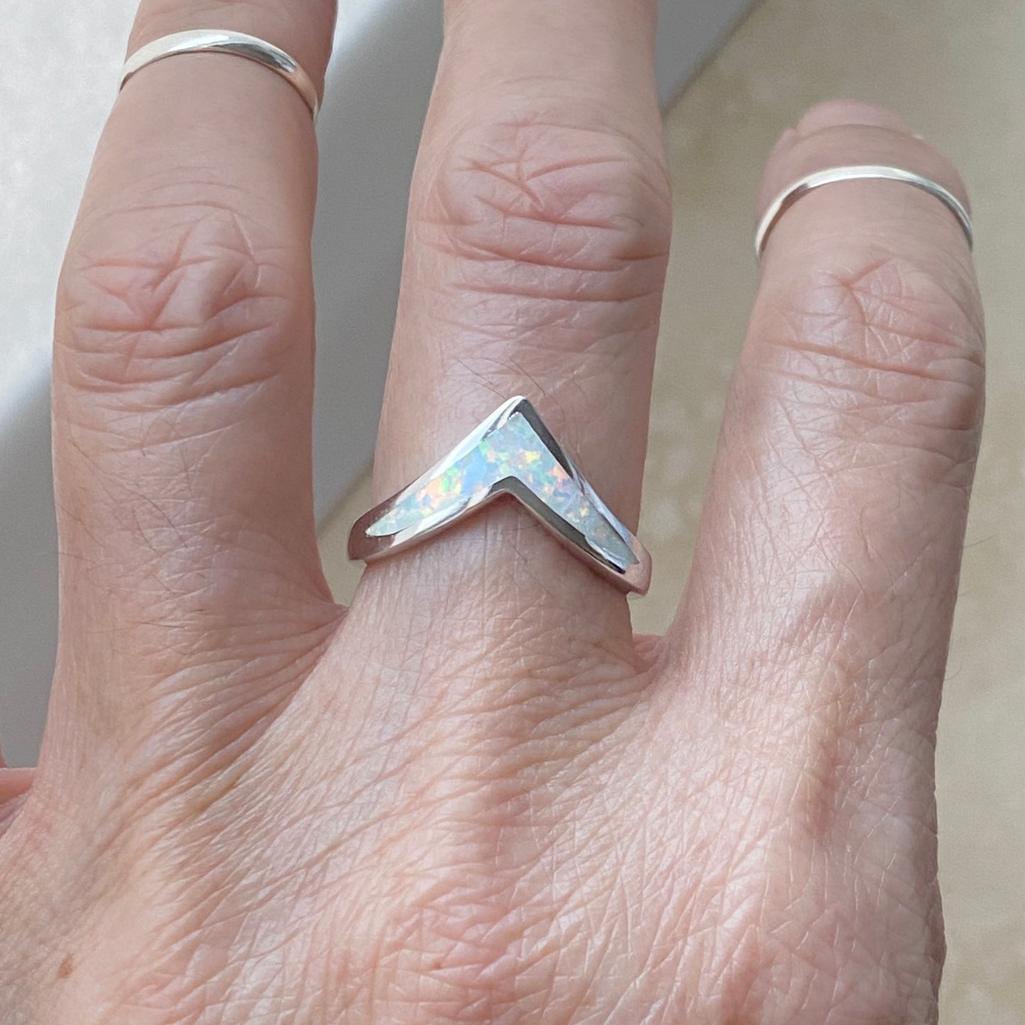 Sterling Silver V Shape White Lab Opal Ring, Silver Chevron Rings