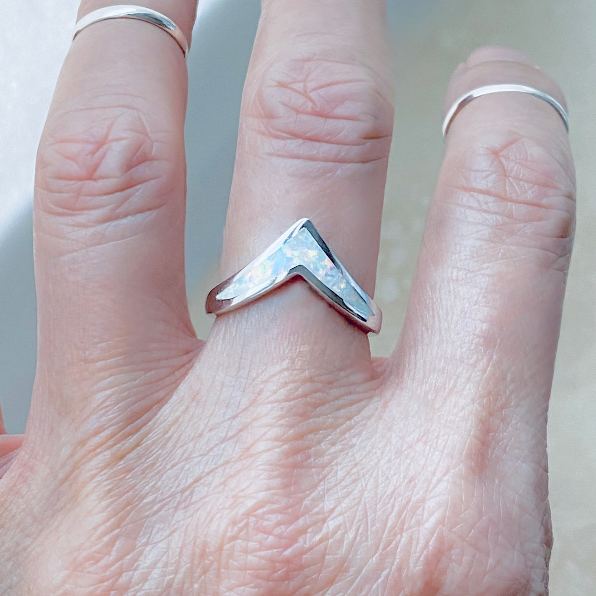 925 Sterling Silver V Shape White Lab Opal Ring | Chevron October Birthstone Silver Rings
