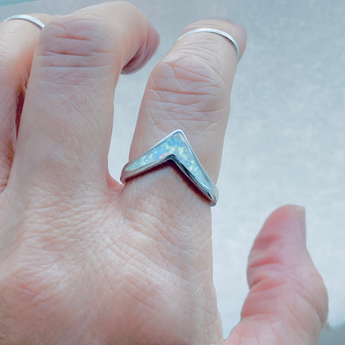 925 Sterling Silver V Shape White Lab Opal Ring | Chevron October Birthstone Silver Rings