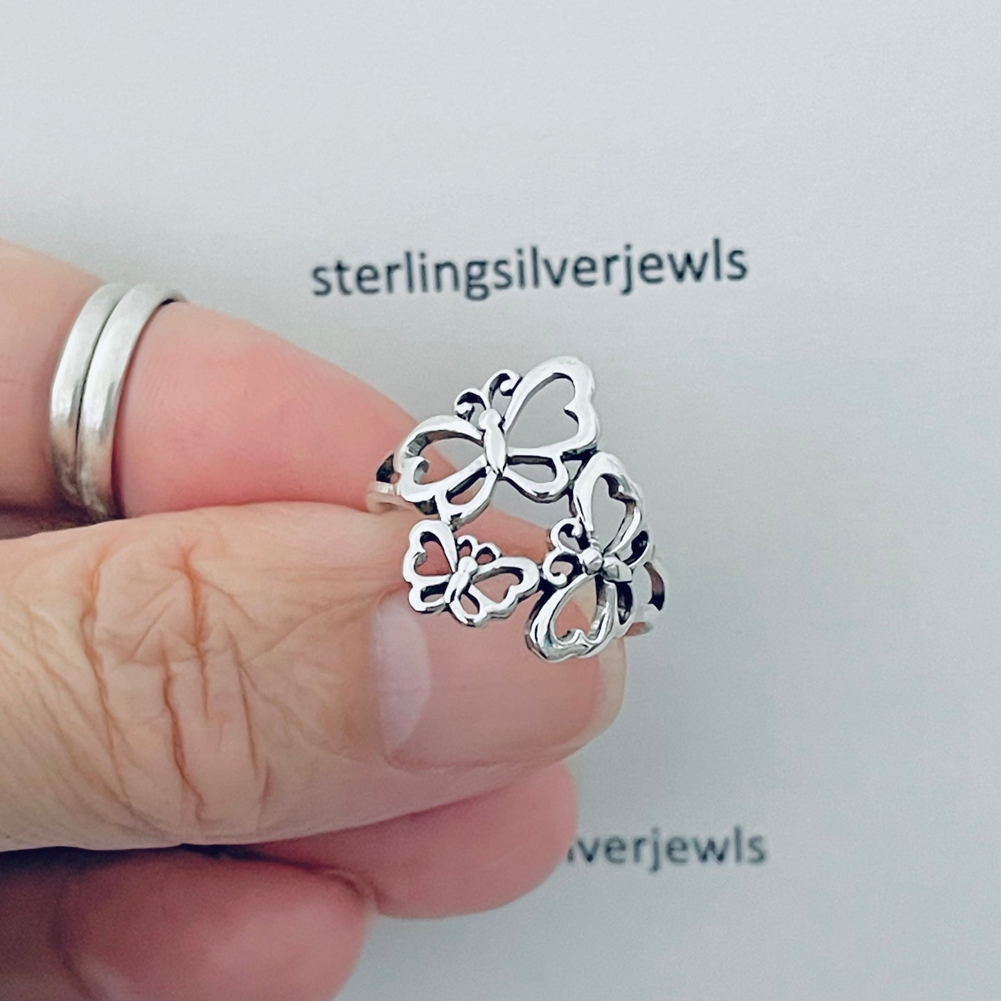 Sterling Silver Triple Butterfly Ring, Caterpillar Silver Rings, Bug Ring