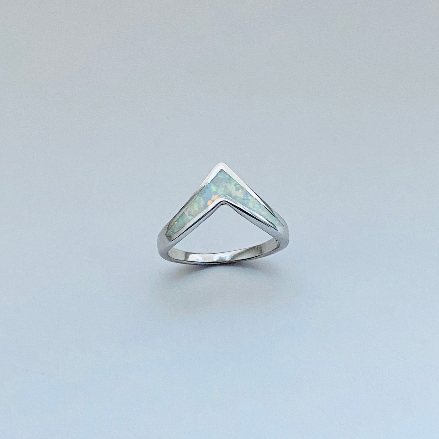 Sterling Silver V Shape White Lab Opal Ring, Silver Chevron Rings