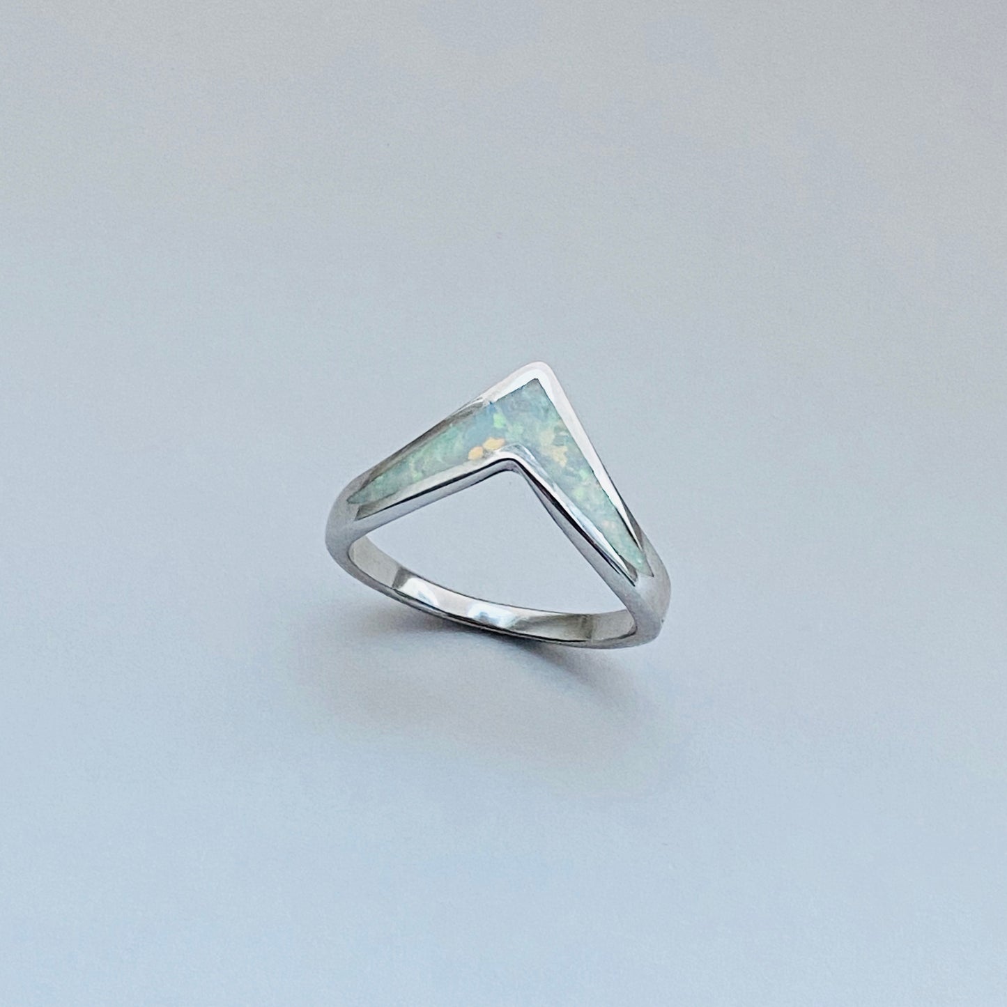 Sterling Silver V Shape White Lab Opal Ring, Silver Chevron Rings