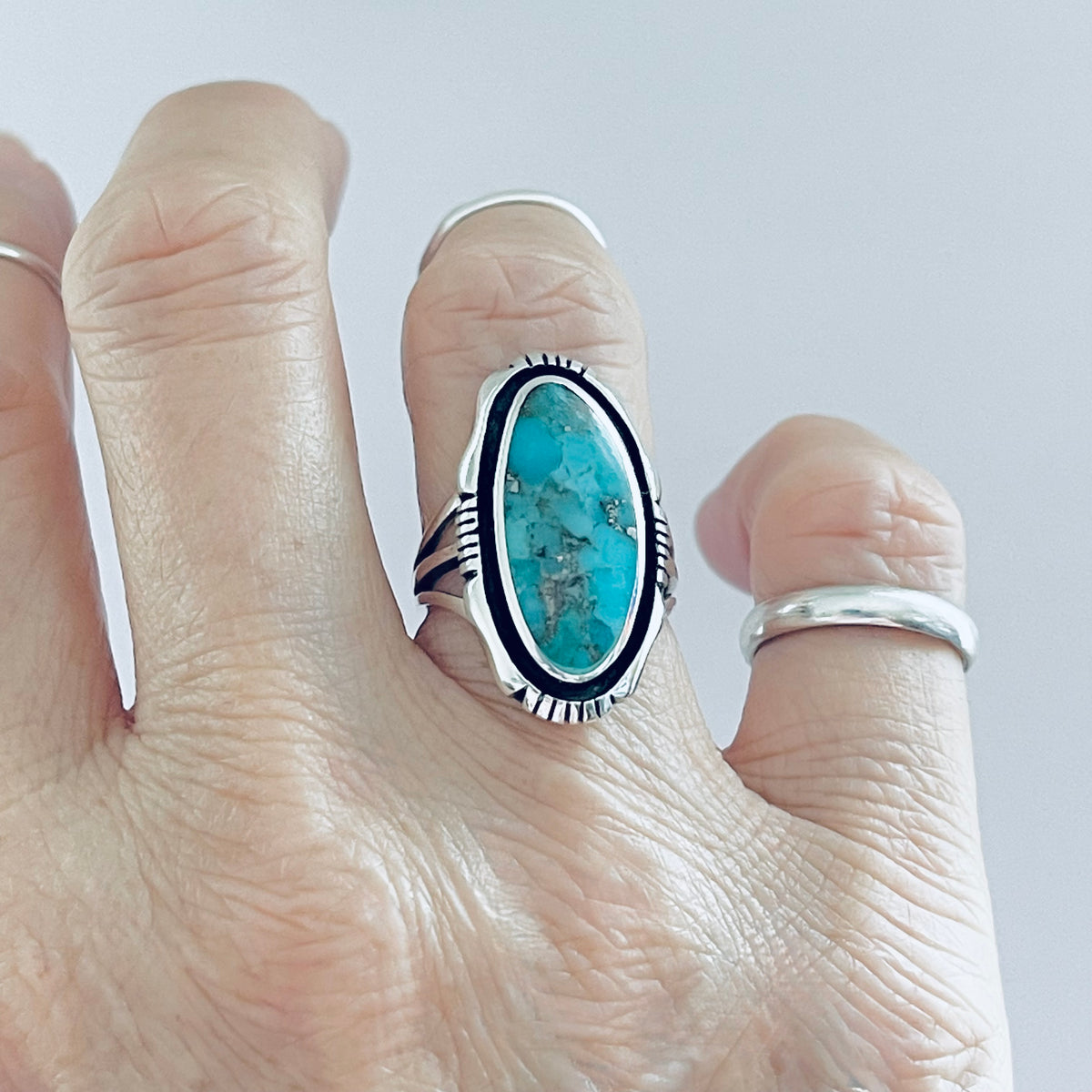 925 Sterling Silver Long Oval Genuine Turquoise Ring | Unisex Western Statement Stone Jewelry