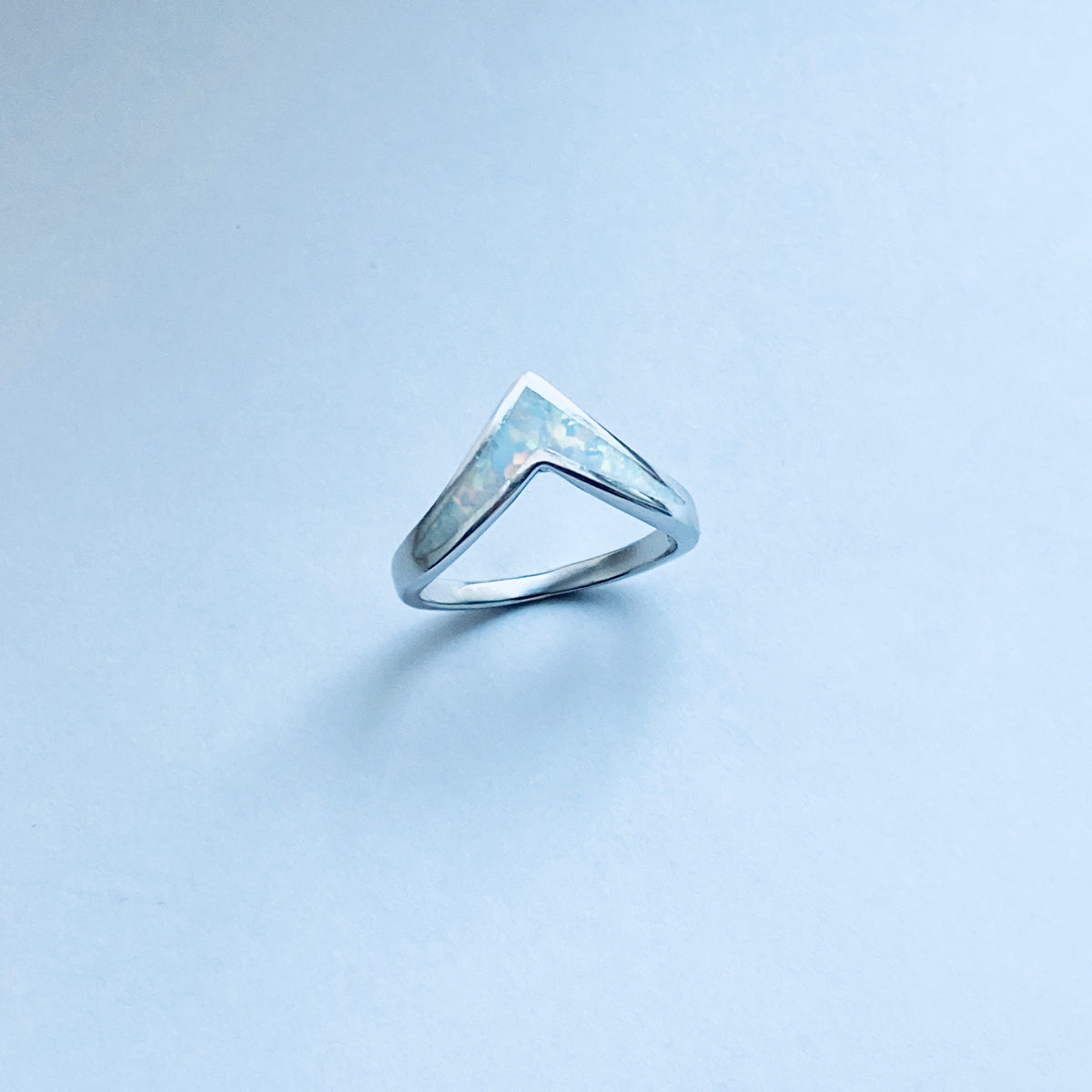 925 Sterling Silver V Shape White Lab Opal Ring | Chevron October Birthstone Silver Rings