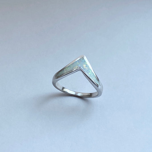 Sterling Silver V Shape White Lab Opal Ring, Silver Chevron Rings