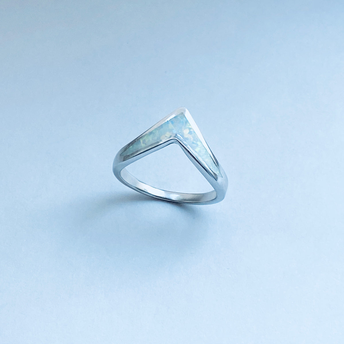 925 Sterling Silver V Shape White Lab Opal Ring | Chevron October Birthstone Silver Rings