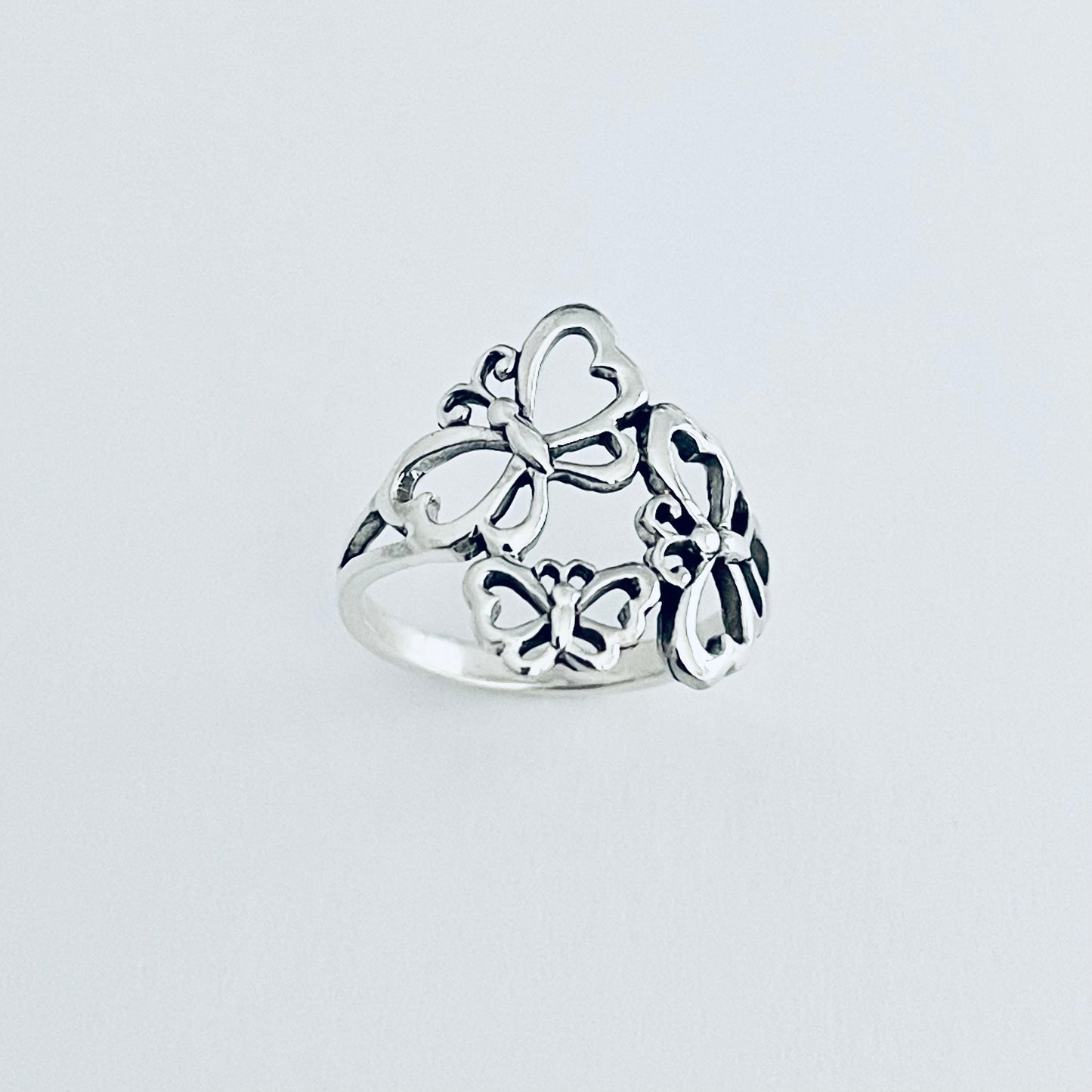 Sterling Silver Triple Butterfly Ring, Caterpillar Silver Rings, Bug Ring