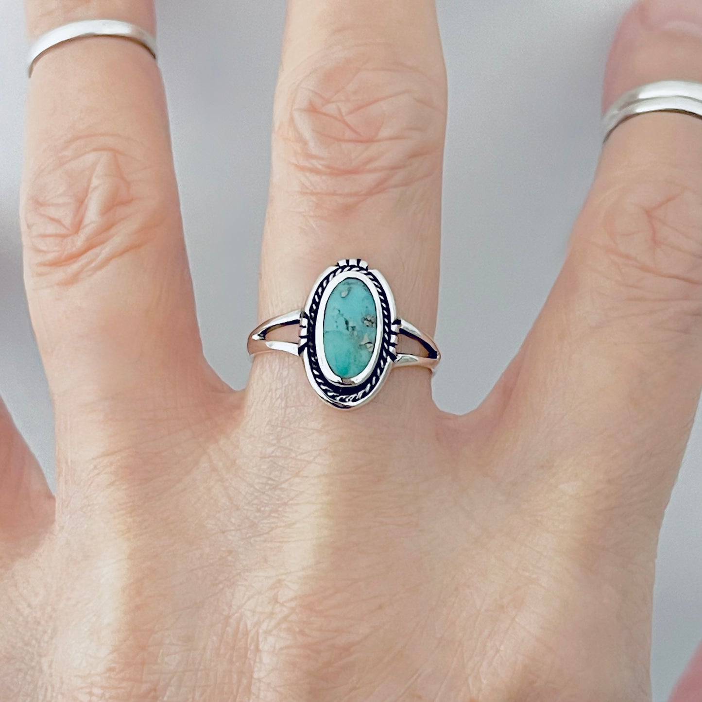 Sterling Silver Oval Genuine Turquoise Ring with Braid, Statement Stone Jewelry