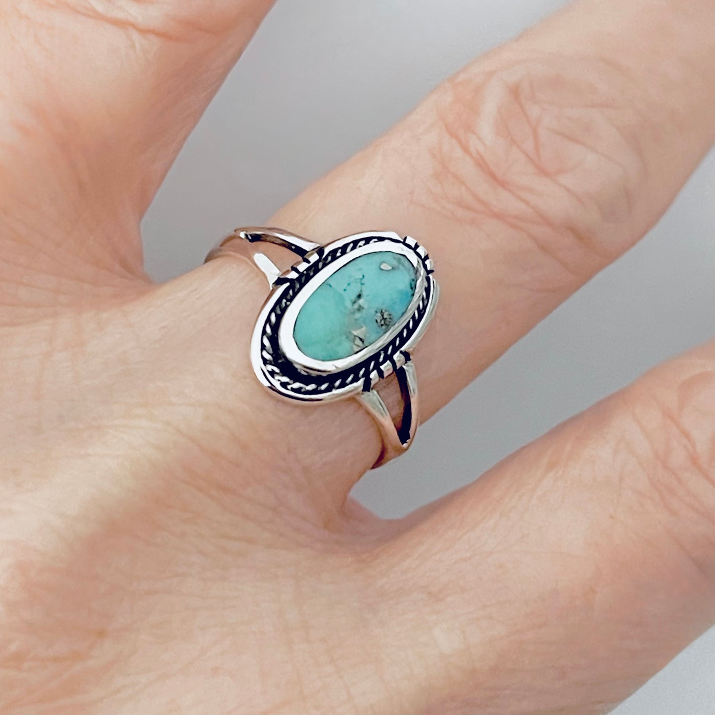 Sterling Silver Oval Genuine Turquoise Ring with Braid, Statement Stone Jewelry