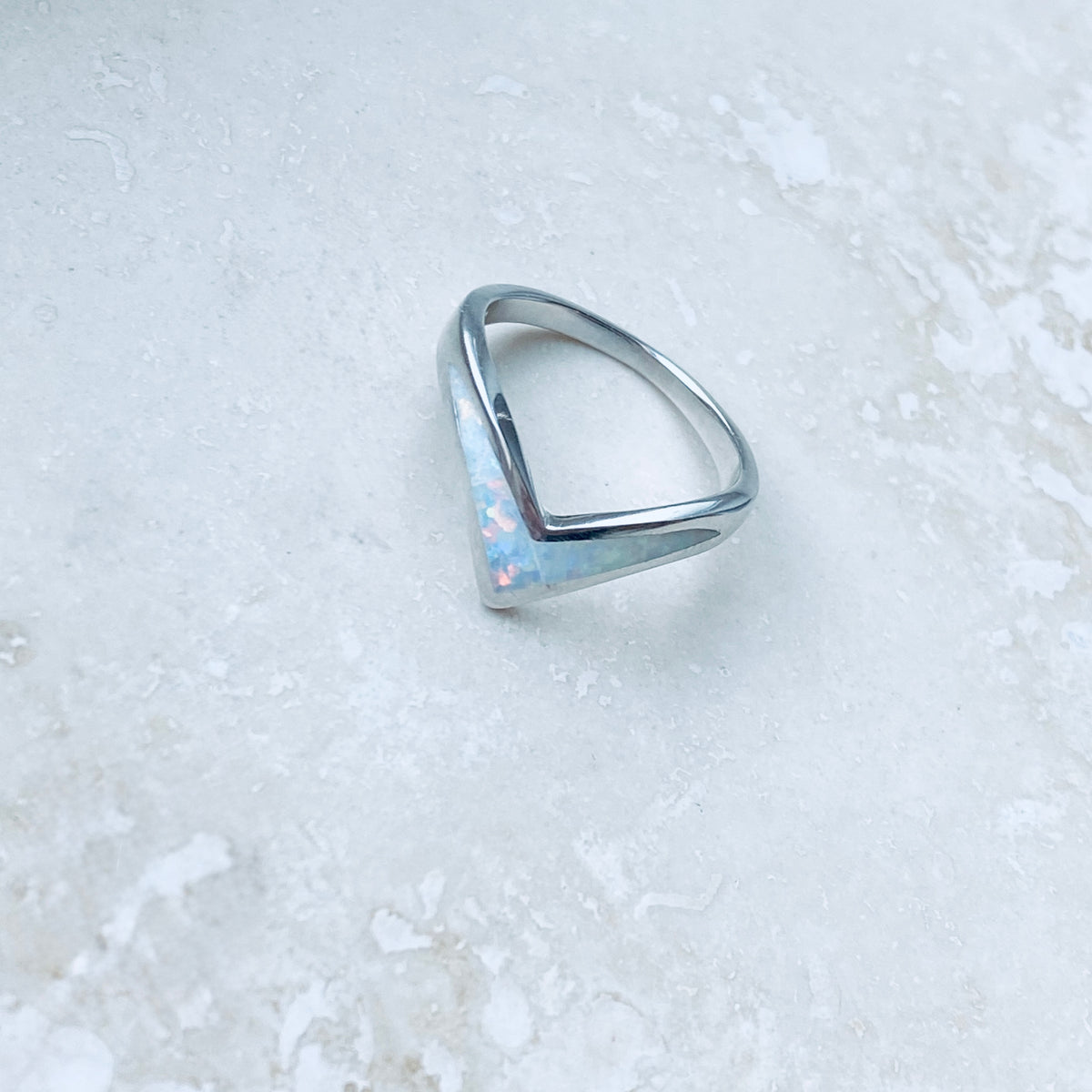 925 Sterling Silver V Shape White Lab Opal Ring | Chevron October Birthstone Silver Rings