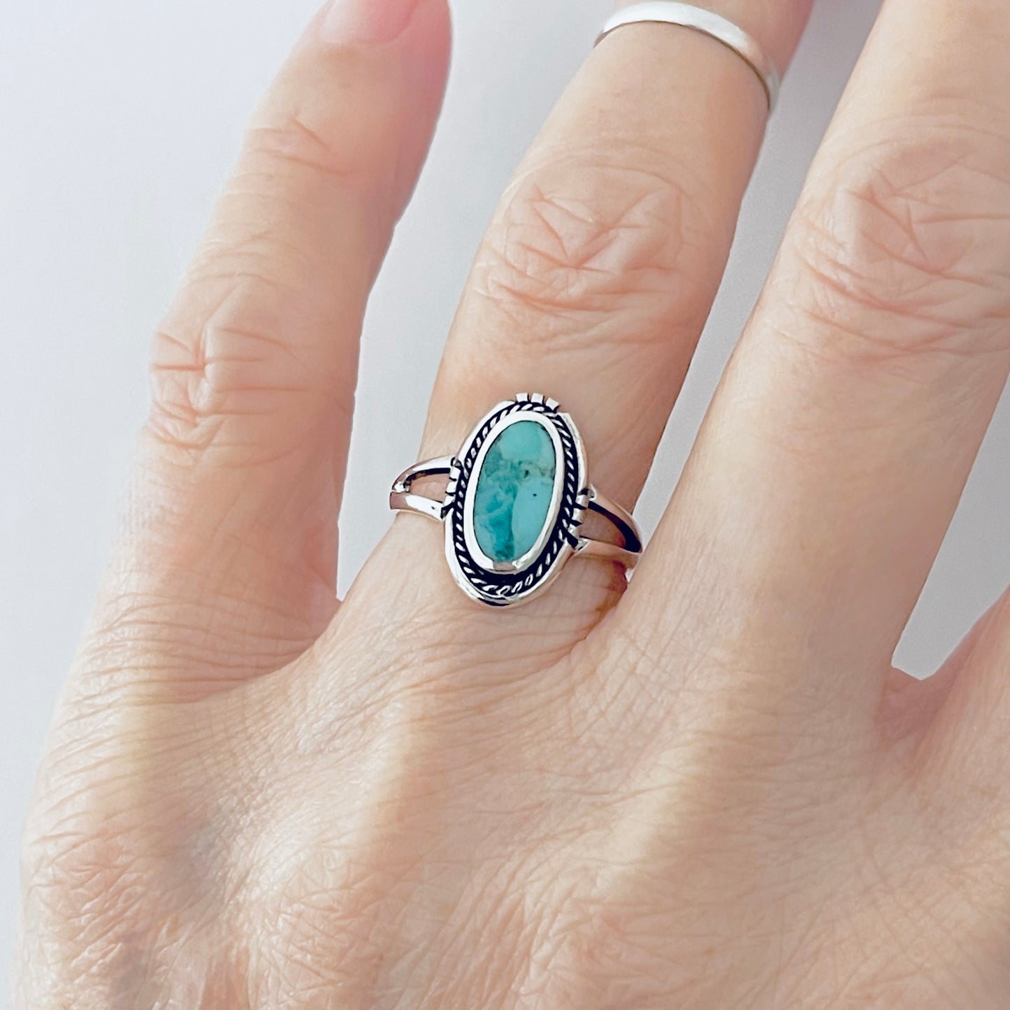 Sterling Silver Oval Genuine Turquoise Ring with Braid, Statement Stone Jewelry
