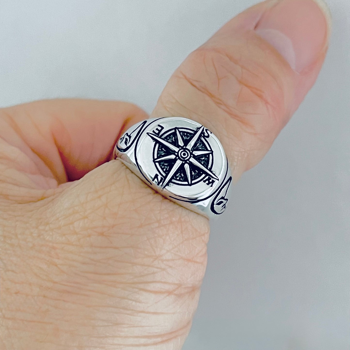 925 Sterling Silver Lunar Navigator Unisex Heavy Compass Ring | Moon Face Celestial Silver Rings
