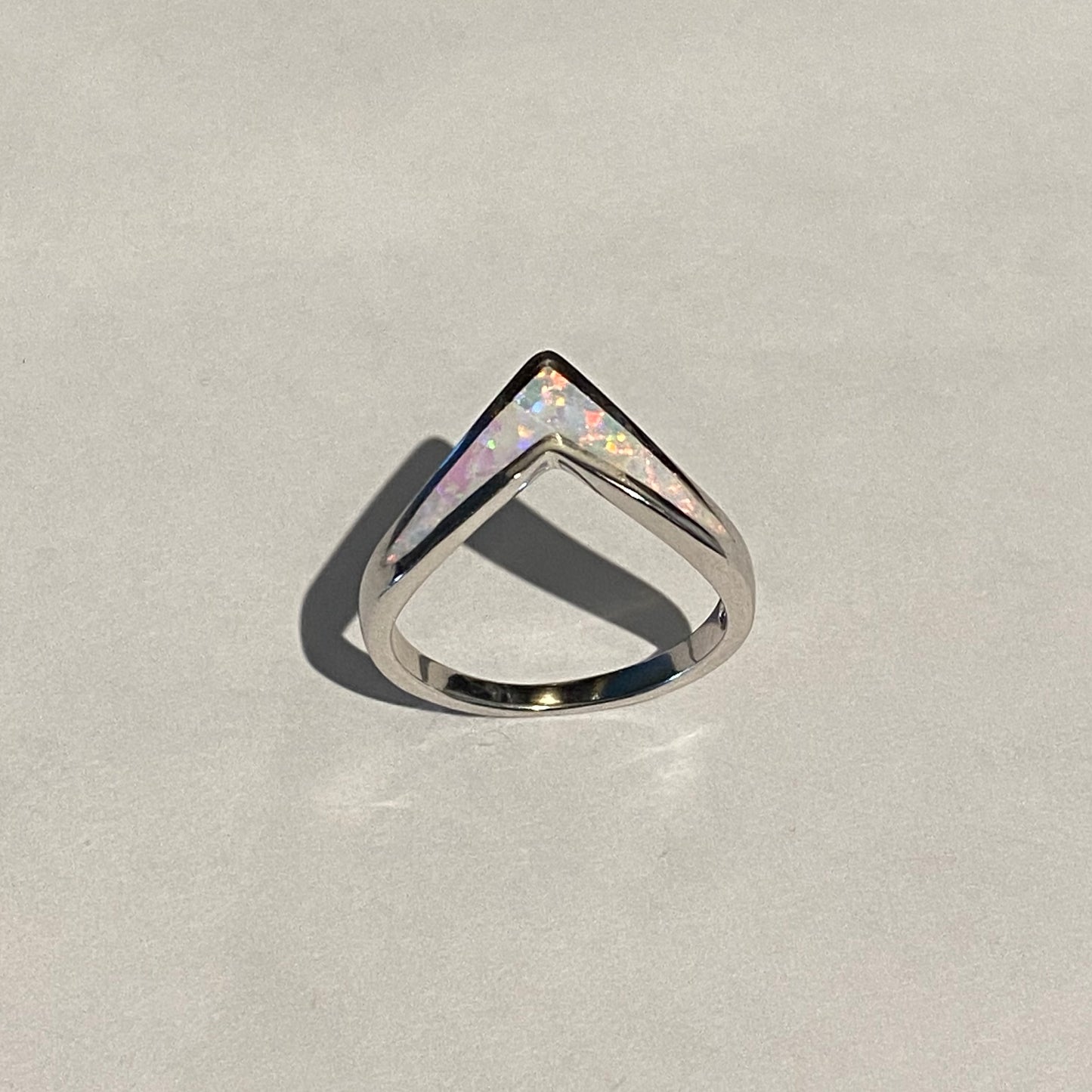 Sterling Silver V Shape White Lab Opal Ring, Silver Chevron Rings