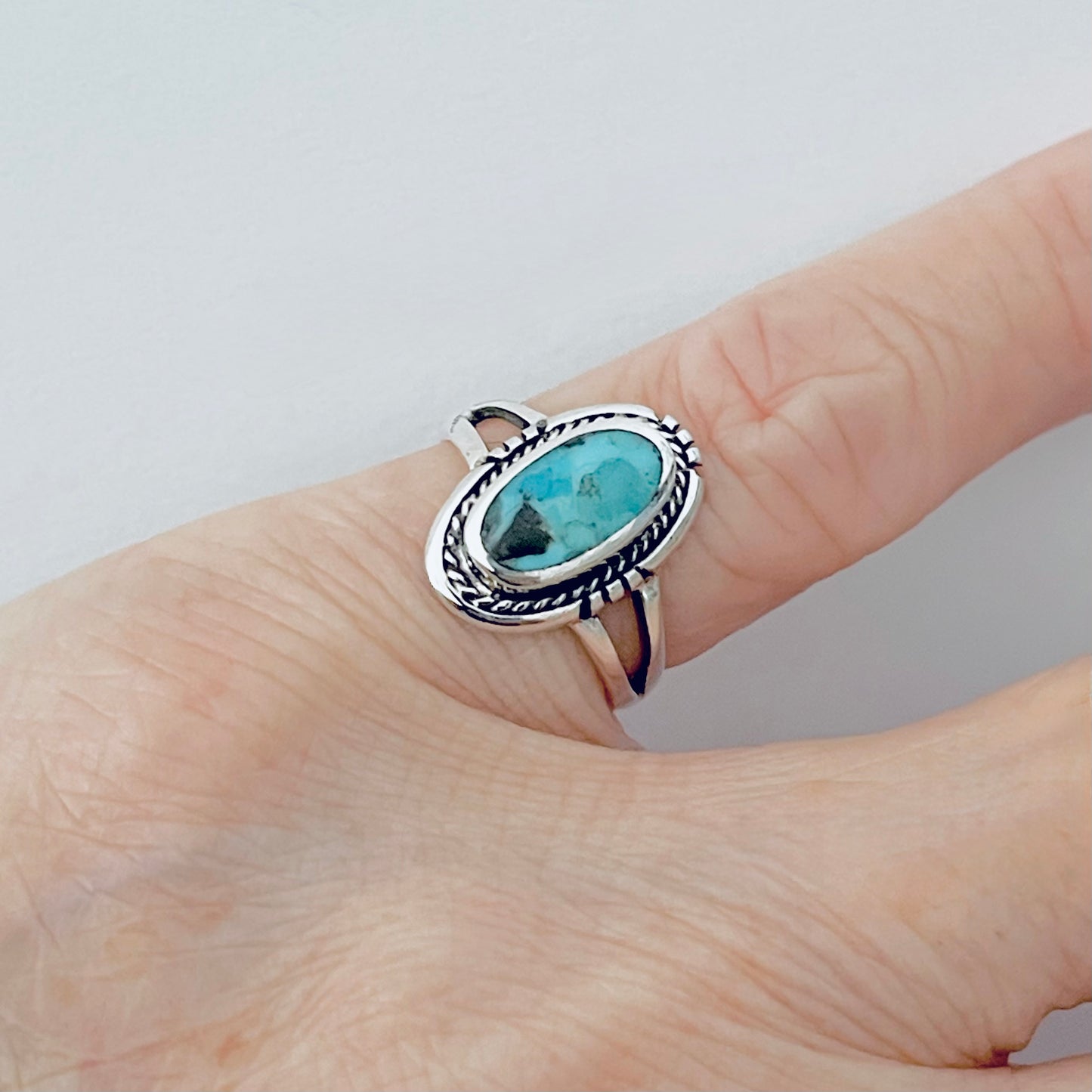 Sterling Silver Oval Genuine Turquoise Ring with Braid, Statement Stone Jewelry