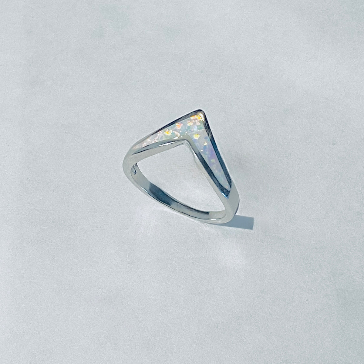 925 Sterling Silver V Shape White Lab Opal Ring | Chevron October Birthstone Silver Rings