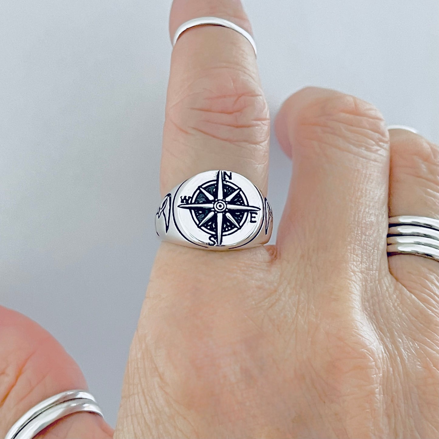925 Sterling Silver Lunar Navigator Unisex Heavy Compass Ring | Moon Face Celestial Silver Rings